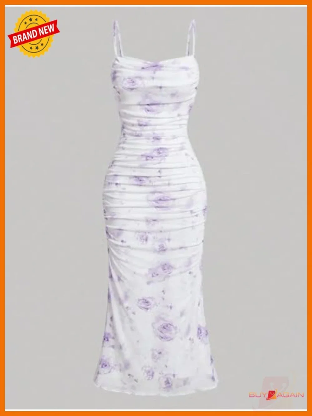 Floral Ruched Bodycon Midi Dress Mesh Sleeveless Fishtail Cami